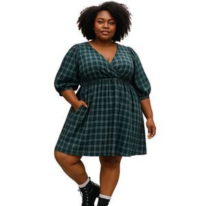 Madewell Forest Green Plaid Mariana Puff Sleeve Mini Dress XXL, New with Tags